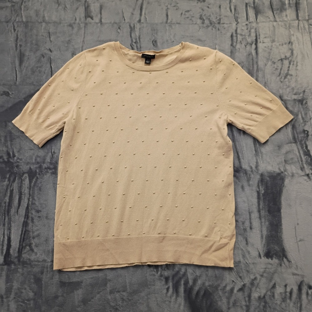 Ann Taylor Factory Beige Short Sleeve Sweater Top with Textured Dots Size Large